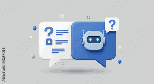 3D illustration of a robot in a speech bubble, representing AI assistance and question answering.