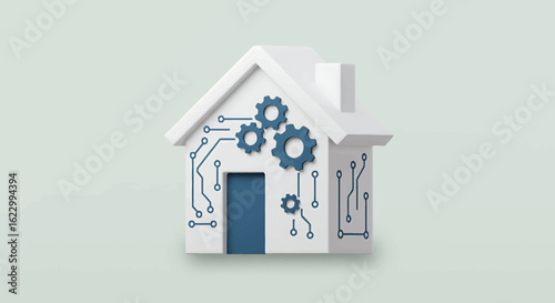 Smart home technology concept:  A white house model with integrated circuit board and gear designs.