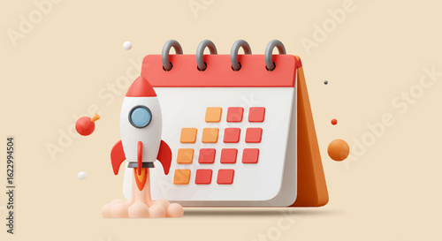 Red rocket launching from beside a desktop calendar, symbolizing timely project launch.