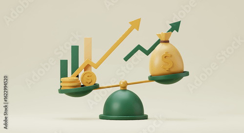 Financial growth depicted on a scale; upward trending graphs balance against a money bag.