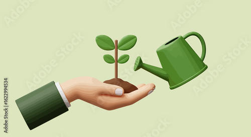 Businessperson's hand nurturing a small plant with a watering can, symbolizing growth and sustainability.