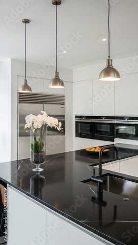 Modern Luxury Kitchen with Sleek Black Countertops and Stainless Steel Appliances