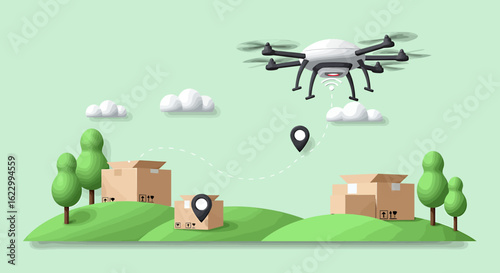 A drone delivering packages over a green landscape, navigating to destination points.