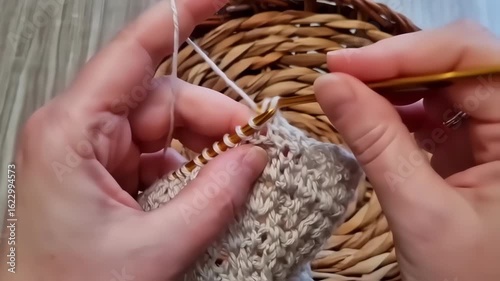 Hands Knitting with Crochet Hook, Crafting on Wicker Basket Background