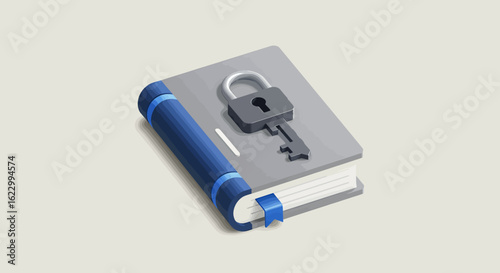 A closed book with a padlock and key on the cover, symbolizing security and privacy.