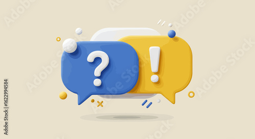 3D rendered speech bubbles with question mark and exclamation point, representing communication and ideas.