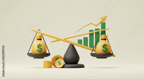Conceptual illustration of financial balance, wealth, and economic growth, comparing assets.
