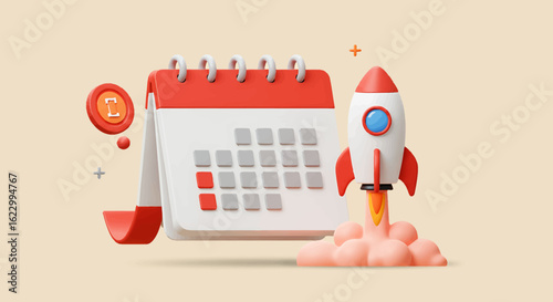 A 3D rendered illustration of a calendar, rocket, and a coin, representing a launch.