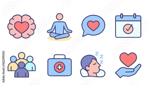 A collection of line icons representing mental health, self-care, and a balanced lifestyle.