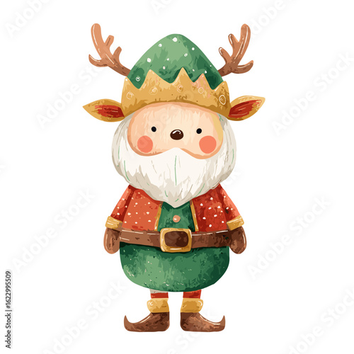 Cute reindeer elf character smiling in festive outfit with antlers  