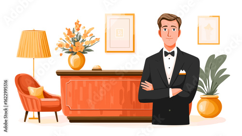 Male concierge standing confidently at hotel reception desk  