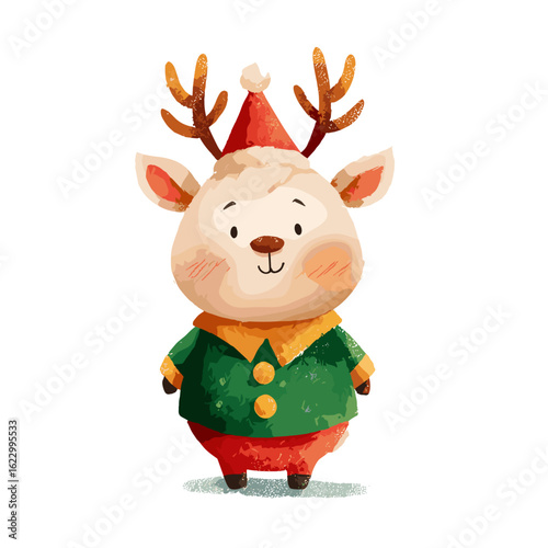 Cute cartoon reindeer wearing a Christmas outfit and smiling  