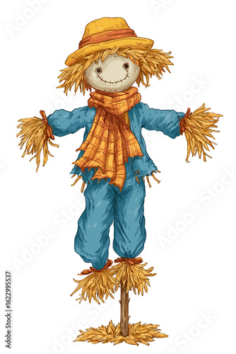 Colorful straw scarecrow smiling with hat and scarf in autumn setting  