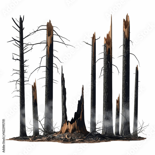 Charred and broken tree trunks smoking in the desolate aftermath of a forest fire