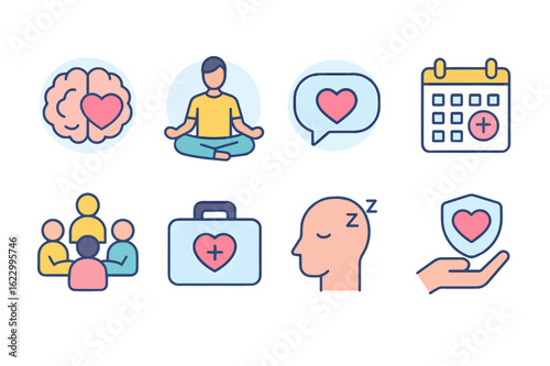 Mental health and well-being icon set for self-care and emotional support concepts