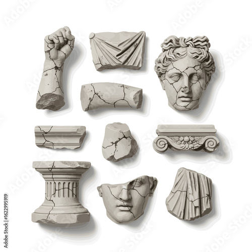 A collection of broken classical sculpture fragments and ancient architectural ruins