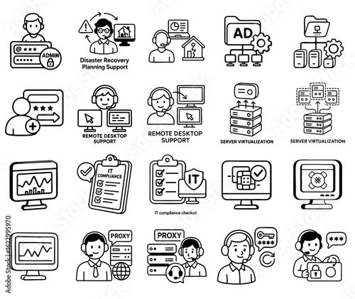 support technical system administration concept. Icons and symbols depicting IT support and services.