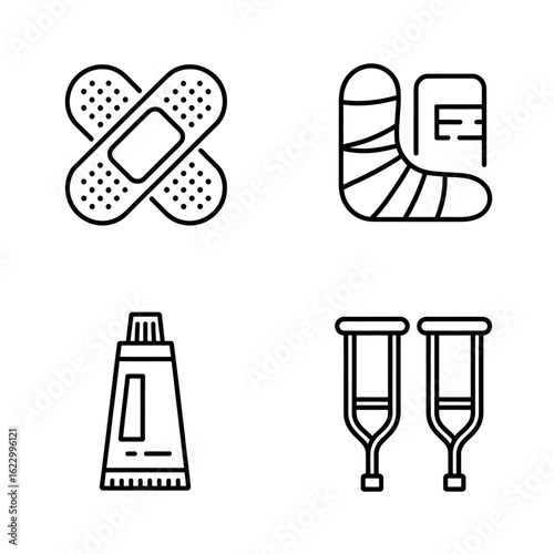 Medical Icons Representing Injury Treatment and Recovery with Bandage Cast Cream and Crutches in Black and White Style