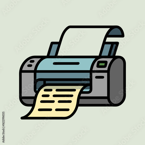 Vector illustration of a printer printing a document in a minimalist style with bold outlines