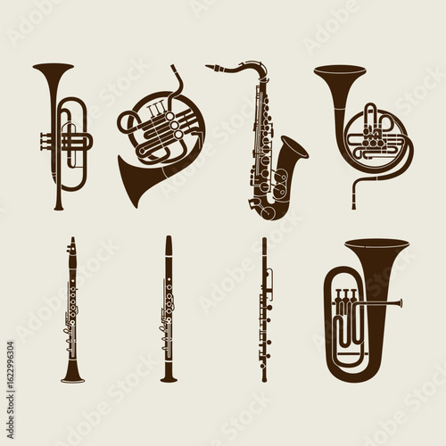 A collection of vintage style musical instruments featuring woodwinds and brass instruments for classical music enthusiasts and orchestra themes