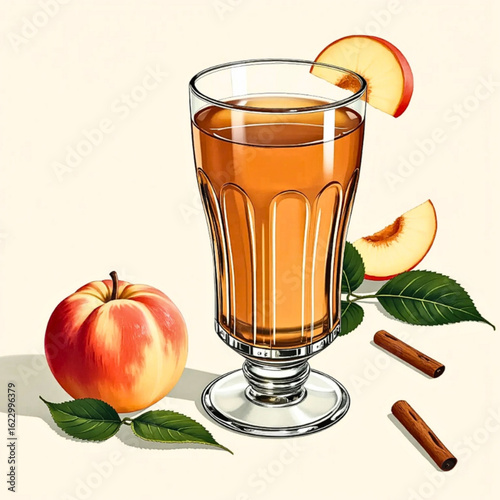 Apple juice in artistic style with warm colors and fresh fruit elements, copy space