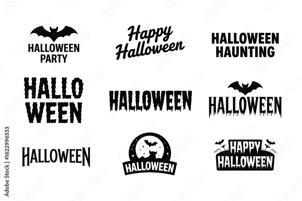 Fototapeta premium Halloween Typography Vector Set with Bats, Party, Haunting, and Happy Halloween Lettering for Holiday Design and Invitation