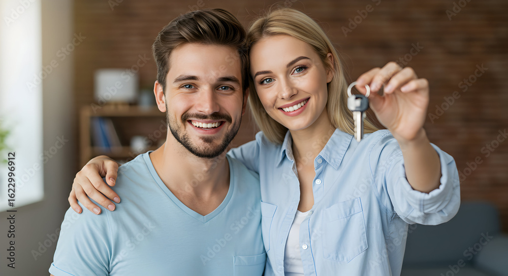 Happy young couple proudly holding their new house keys, excited for their future home together, smiling faces, bright interior. Happy young couple proudly holding their new house keys, excited for their future home together, smiling faces, bright interior.