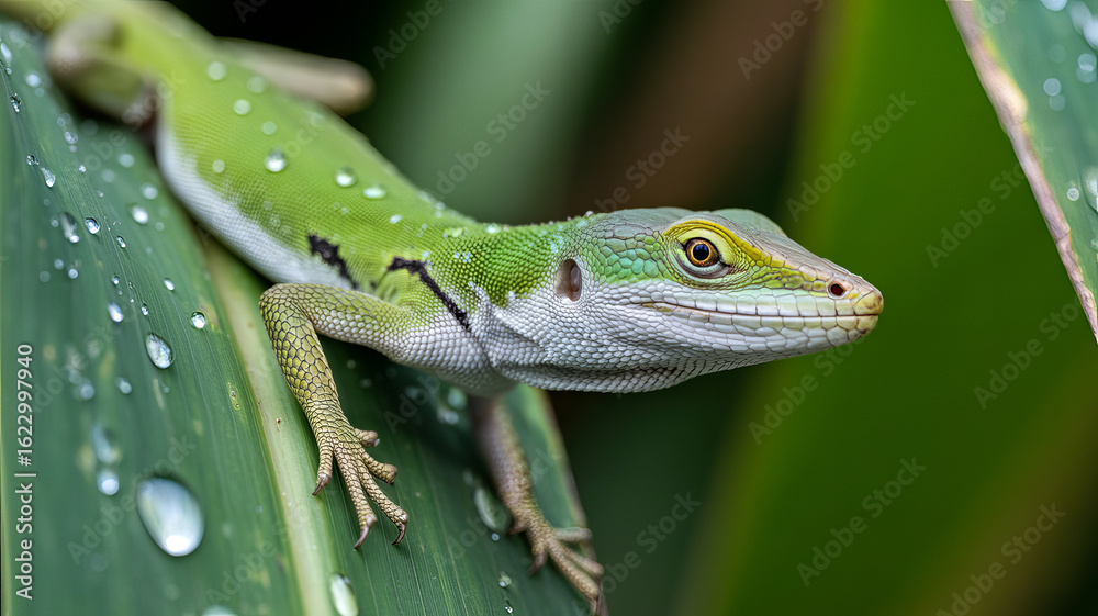 Fototapeta premium Emerald Lizard on Leaf: A close-up of a vibrant emerald lizard perched delicately on a lush, textured leaf, adorned with glistening droplets, revealing the intricate beauty of nature.
