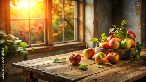 Rustic wooden table with bowl of fresh autumn apples, bathed in warm sunlight streaming through a window, leaves scattered on the surface