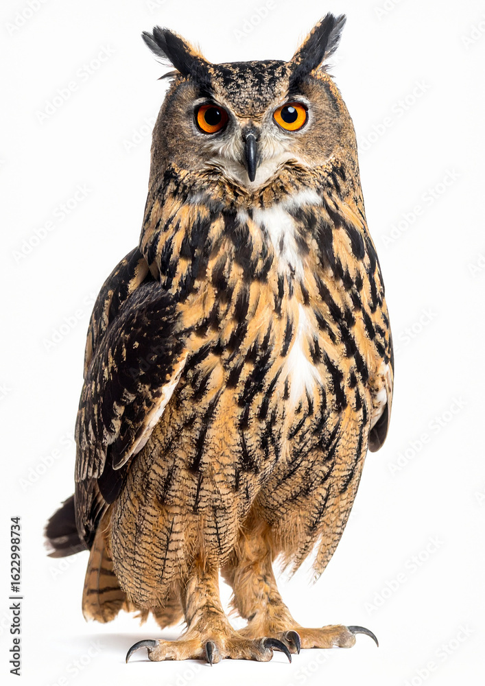 Fototapeta premium Close-up of a Eurasian eagle-owl showing its vivid orange eyes, intricate feather patterns, and sharp talons against a blurred background.