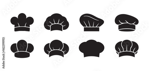 Eight black chef hats arranged in two rows on white background toque blanche chef cap