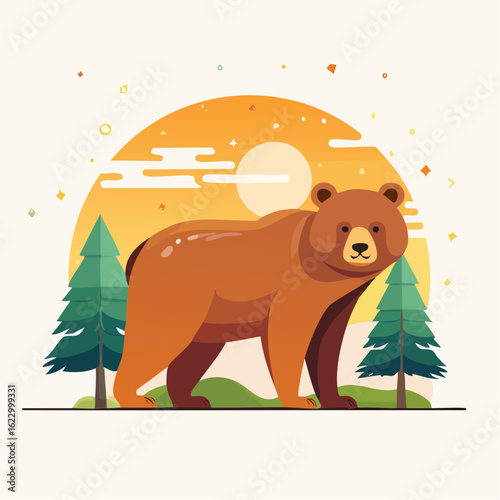 Charming cartoon bear illustration basking in a warm sunset forest setting aesthetic