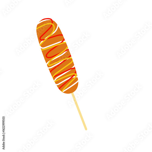 Illustration of a sausage filled with melted cheese. Illustration of a grilled sausage. Flat design of a cheese sausage. Cartoon style sausage illustration 