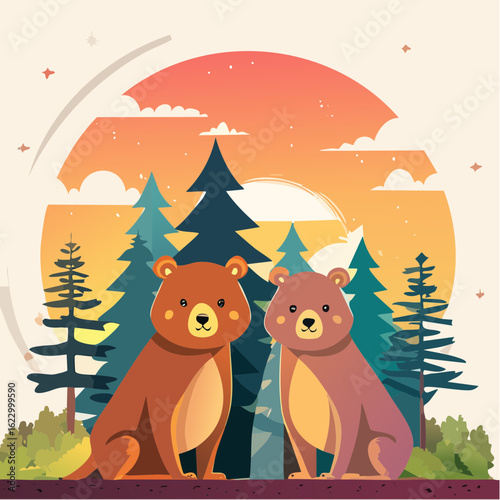 Charming woodland scene featuring two adorable bears amidst evergreen trees and sunset