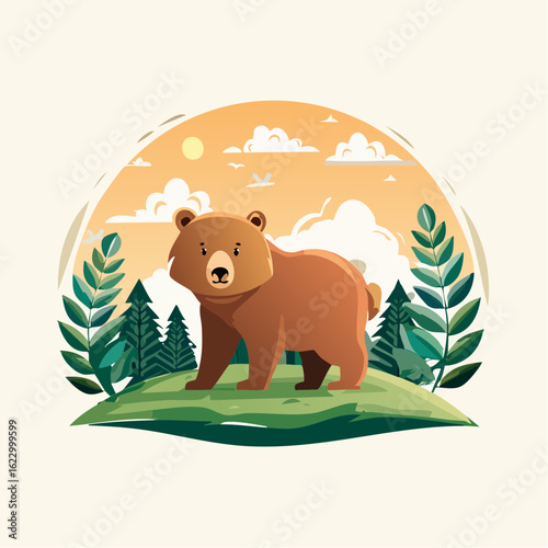 Illustration of a Brown Bear in a Forest Glade with Trees and Cloudy Sky Backdrop
