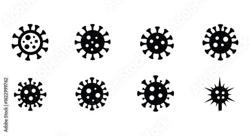Black and White Coronavirus Icons Representing Different Virus Strains and Mutations