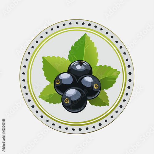 Illustration of glistening black currants on leaves with an ornamental border in a circular format