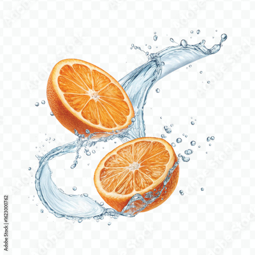 realistic smooth liquid orange into water splash in curve style isolated on transparent background