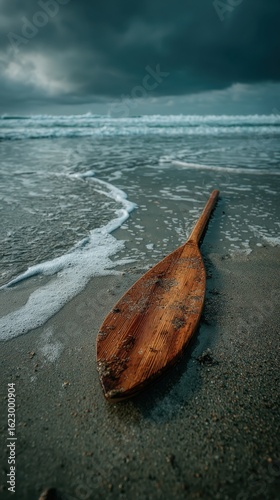 A wooden oar resting on a sandy beach with ocean waves in the background, under a cloudy sky. The scene evokes a sense of solitude, exploration, and the vastness of the sea.