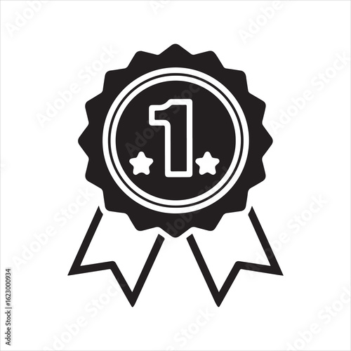 First place award ribbon icon, number 1 winner medal symbol.
