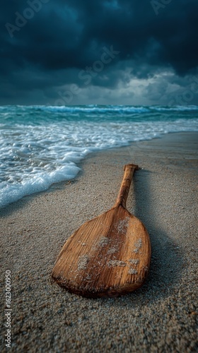 A wooden oar resting on a sandy beach with ocean waves in the background, under a cloudy sky. The scene evokes a sense of solitude, exploration, and the vastness of the sea.