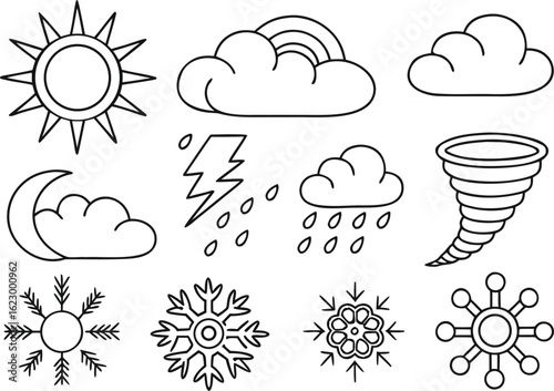 Illustration of weather elements including sun cloud rainbow lightning rain tornado and snowflakes in outline style