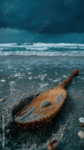 A wooden oar resting on a sandy beach with ocean waves in the background, under a cloudy sky. The scene evokes a sense of solitude, exploration, and the vastness of the sea.