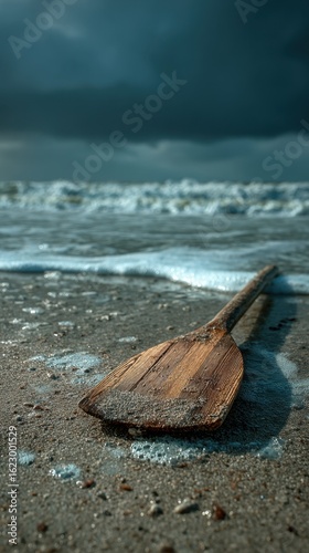 A wooden oar resting on a sandy beach with ocean waves in the background, under a cloudy sky. The scene evokes a sense of solitude, exploration, and the vastness of the sea.
