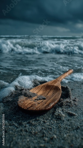A wooden oar resting on a sandy beach with ocean waves in the background, under a cloudy sky. The scene evokes a sense of solitude, exploration, and the vastness of the sea.