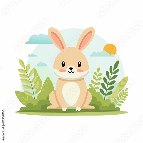 Delightful Bunny in Springtime Landscape: A Cheerful Cartoon Illustration of Easter Season