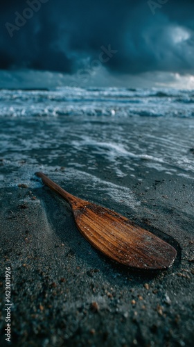 A wooden oar resting on a sandy beach with ocean waves in the background, under a cloudy sky. The scene evokes a sense of solitude, exploration, and the vastness of the sea.
