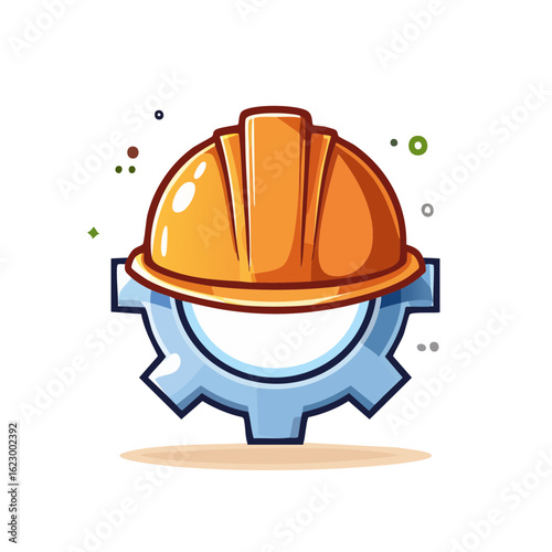 Cartoon construction hardhat atop a gear, symbolizing engineering and industry