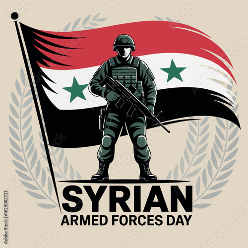 Syrian Armed Forces Day Soldier with Flag and Laurel Wreath