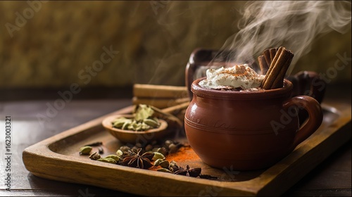 A steaming cup of Mexican hot chocolate with cinnamon sticks, garnished with whipped cream and chili powder, resting on a wooden tray.